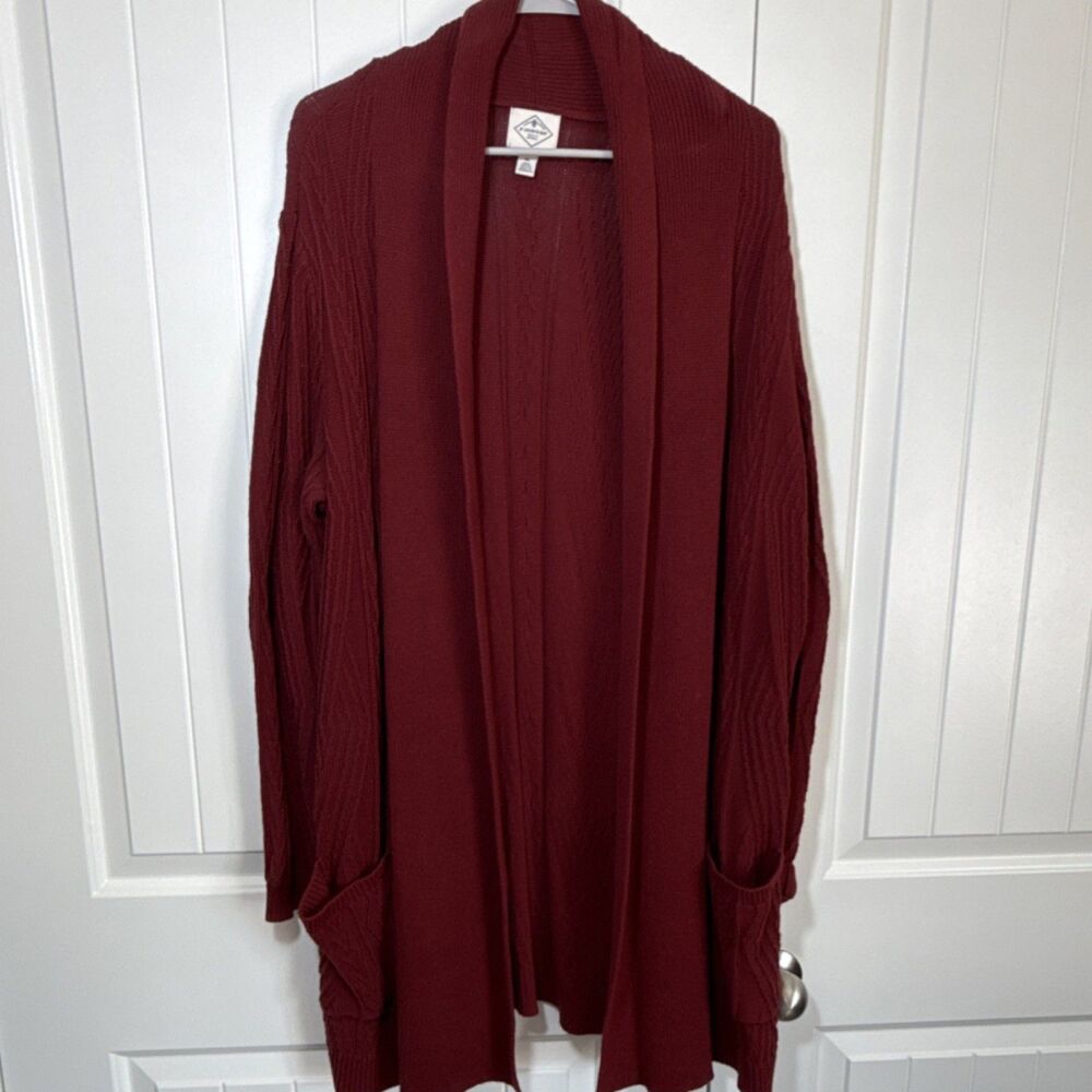 St. John's Bay XL Burg Red Cable Knit Cotton Cardigan Sweater Open Front Pockets